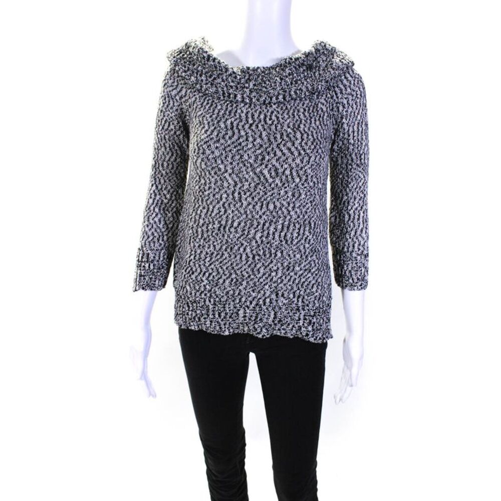 Roi Womens Black White Textured Off Shoulder Pullover Sweater Top Size S